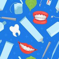 Dentistry Seamless Pattern with Dental Instruments and White Healthy Teeth, Design Element Can Be Used for Website, Wallpaper, Background illustration vector
