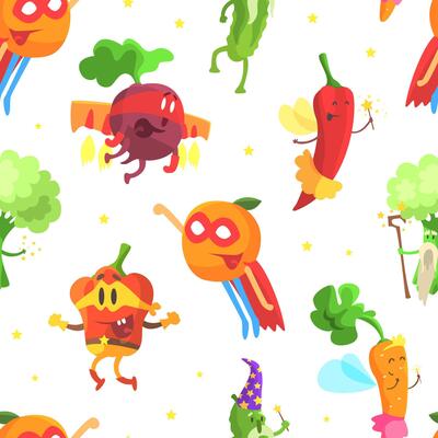 Superhero Vegetables Seamless Pattern, Funny Vegetables Dressed in Superhero Costumes Backdrop, Wallpaper, Packaging, Textile Design Cartoon Illustration