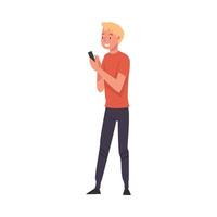 Young Smiling Man Calling Taxi Car or Using Mobile Taxi Call Application Illustration vector