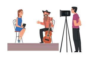 Journalist Taking Interview at Guest and Cameraman Looking Through Camcorder on Tripod in Studio, Television Industry Concept Cartoon Style Illustration vector