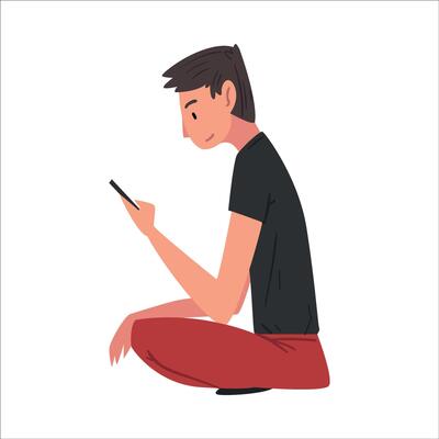 Guy in Casual Clothes Using Smartphone, Male Student Sitting on Lawn, Side View Cartoon Illustration