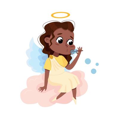 Cute Baby Angel Blowing Soap Bubbles while Sitting on Cloud, Angelic Girl with Wings and Halo Cartoon Style Illustration