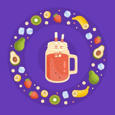 Vegan Raw Detox Smoothie, Tasty Nutritious Vitamin Drink in Mason Cup or Jar Cartoon Illustration