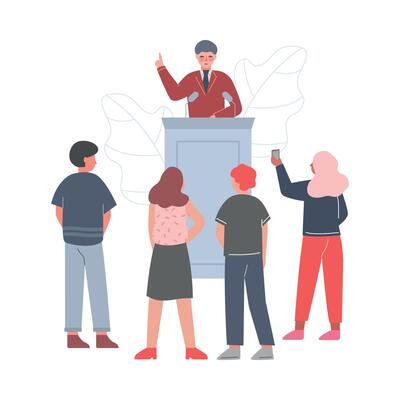 Businessman Standing Behind Rostrum Giving Speech, Man Public Speaker Giving Talk in front of Audience, Business Conference Illustratio
