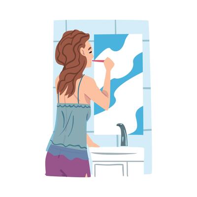 Young Woman Standing in front of Mirror and Brushing her Teeth in Bathroom, Businesswoman or Office Employee Daily Routine Cartoon Style Illustration