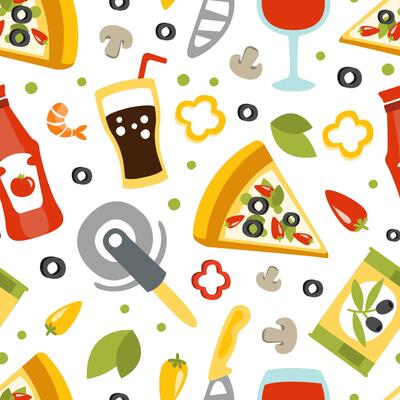 Italian Food Seamless Pattern, Traditional Italian Cuisine Dish Design Element Can Be Used for Fabric, Wallpaper, Packaging, Web Page Illustration.