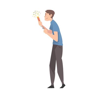 Young Man Holding Burning Firecracker, Guy Celebrating Holidays Cartoon Style Illustration