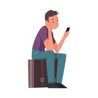 Man Sitting on Suitcase with Smartphone, Male Tourist Calling Taxi Car or Using Mobile Taxi Call Application Illustration vector