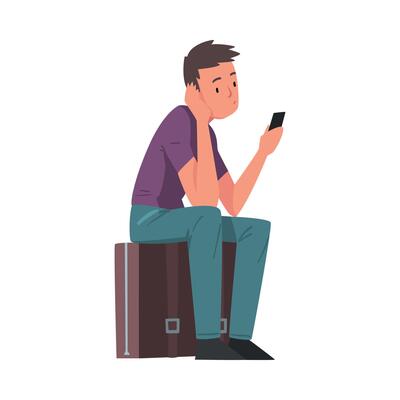 Man Sitting on Suitcase with Smartphone, Male Tourist Calling Taxi Car or Using Mobile Taxi Call Application Illustration