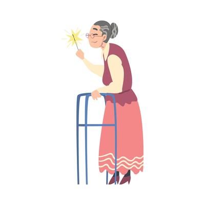 Elderly Woman with Walker Holding Burning Sparkler, Grandma Celebrating Holidays Cartoon Style Illustration