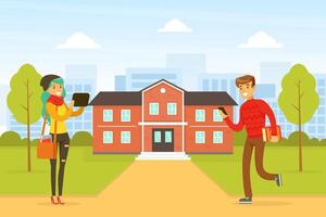College or University Building and Sudents in Front of It Flat Illustration vector