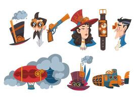Steampunk Design Elements Set, Mechanical Engineering Devices and People, Antique Mechanical Device or Mechanism, Stylized Cartoon Style Illustration vector