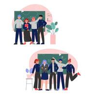 Group of Students Standing Together in Front of Blackboard Set, Teenagers in Uniform Posing Looking at Viewer Illustration vector