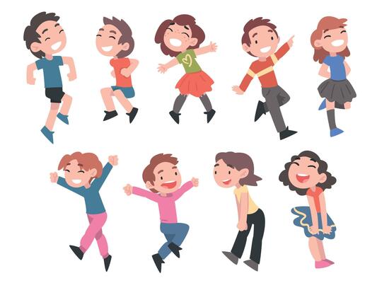 Happy Smiling Little Kids Set, Cute Preschooler Boys and Girls Wearing Casual Clothes Happily Jumping Cartoon Style Illustration