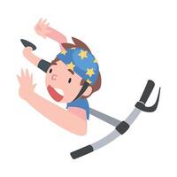 Boy in Safety Helmet Falling Down from Kick Scooter, View from Above, Traumatic Accident, Health Risk Cartoon Style Illustration vector