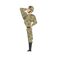 Army Soldier Saluting, Military Man Character in Camouflage Combat Uniform and Helmet Cartoon Style Illustration vector