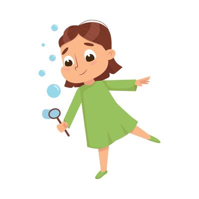 Lovely Girl Blowing Soap Bubbles Through Wand, Cute Girl Wearing Green Dress Having Fun with Soap Bubbles Cartoon Style Illustration