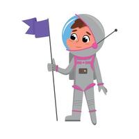Cute Kid Astronaut Character in Outer Space Suit Standing with Flag, Boy Dreaming of Becoming an Astronaut Cartoon Style Illustration vector