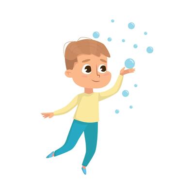 Cute Little Boy Playing with Soap Bubbles, Kids Leisure, Outdoor Hobby Game Cartoon Style Illustration