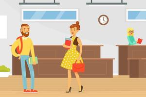 Cheerful University Students with Backpack and Books in College or University Auditorium Lecture Hall Flat Illustration vector