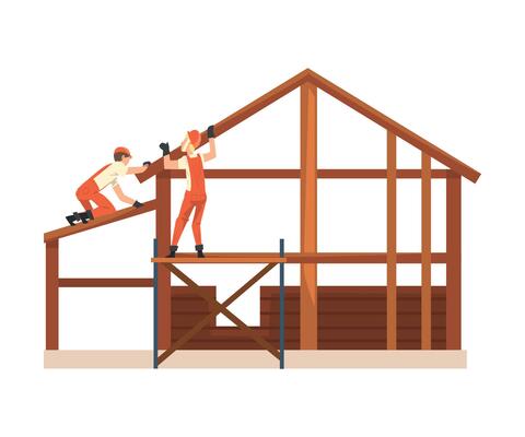 Construction Workers Characters Wearing Workwear and Protective Helmets Building Wooden House with Professional Tools Cartoon Illustration