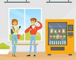Cheerful University Students with Backpack and Books Standing at Vending Machine in College or University Hallway Flat Illustration vector
