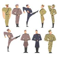 Military People Set, Army Soldiers Characters Dressed in Various Uniform Marching and Saluting Cartoon Style Illustration vector