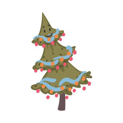Christmas Tree Cartoon Character, Symbol of Xmas and New Year Holidays Cartoon Style Illustration
