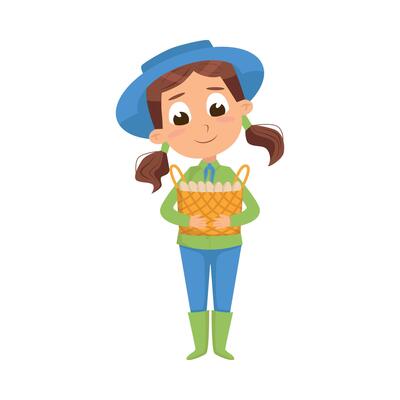 Cute Girl Holding Basket of Eggs, Little Kid Working on Farm Cartoon Style Illustration