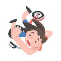 Frightened Child Falling Down from Kick Scooter, View from Above, View from Above, Traumatic Accident, Health Risk, Pain, Injury Cartoon Style Illustration vector
