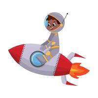Cute Happy Kid Astronaut in Outer Space Suit Riding Spaceship, Little Boy Playing Astronauts, Space Tourist Character Cartoon Style Illustration vector