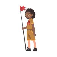 Scout Boy Standing with Red Flag, Scouting Kid Character Wearing Uniform and Neckerchief, Summer Camp Activities Illustration vector