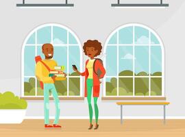 Cheerful University Students with Backpack and Books Standing in College or University Hallway Flat Illustration vector