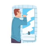 Man Standing in front of Mirror and Brushing his Teeth in Bathroom, Businessman or Office Worker Daily Routine Cartoon Style Illustration vector