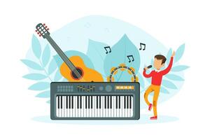 Tiny Boy Singing with Microphone, Tiny Boy Singing with Microphone with Huge Musical Instruments Guitar, Tambourine and Keyboard, Child on Lesson in Music School Illustration vector