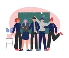 Group of Smiling Students Standing Together in Front of Blackboard Illustration vector