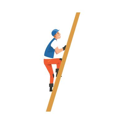 Construction Worker Climbing Ladder, Male Builder Character Wearing Uniform and Protective Helmet Building House Cartoon Illustration