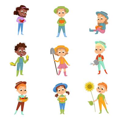 Cute Children Working on Farm Set, Boys and Girls Farmers Characters with Gardening Tools Cartoon Style Illustration