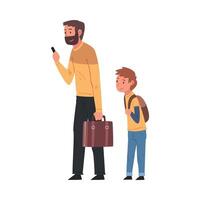 Bearded Man with Briefcase Traveling with His Son, Tourist Calling Taxi Car or Using Mobile Taxi Call Application Illustration vector