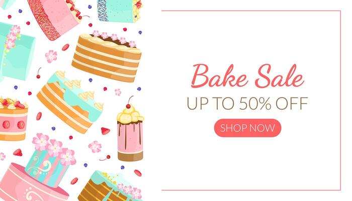 Bake Sale Landing Page Template with Tasty Cakes Pattern, Bakery Shop Sweet Desserts Special Offer, Cafe Menu Design Illustration