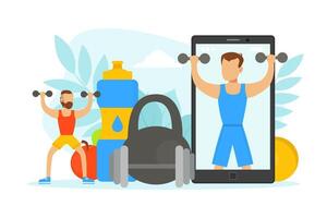 Tiny Man Doing Physical Exercises with Dumbbells with Online Coach, Healthy Lifestyle Concept Illustration vector
