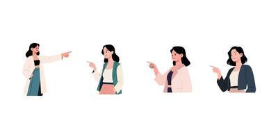 Flat design illustration of four women, each pointing in a different direction. vector
