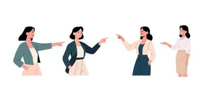 Four female figures in professional attire are depicted in various communication stances. vector