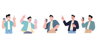 Happy young men using smartphones, pointing upwards vector