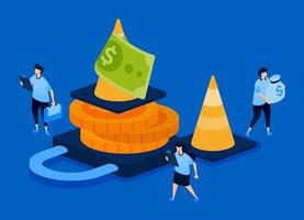 Illustration depicting financial maintenance with warning cones on piles of money, great for risk management tools, finance blogs, investor alerts, and banking cautionary messages. vector