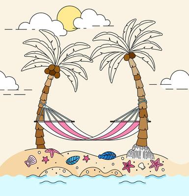 Hammock Tied Between Two Coconut Trees Under the Hot Sun on a Tropical Beach During Summer Vacation. Can be used for tourism marketing websites, promotions, holiday destination ads