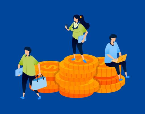 Illustration showing people engaged in activities around piles of money, ideal for financial planning, wealth management platforms, business websites, and investment-focused apps.
