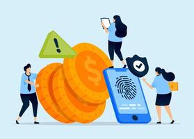 Illustration of mobile apps with fingerprints and warning triangles, symbolizing security systems in fintech and digital banking applications, designed for cybersecurity and fintech apps vector