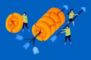 Illustration of arrows destroying coins as metaphors for financial recession or depression, useful for economic reports, finance blogs, market crash alerts, and investment risk guides. vector