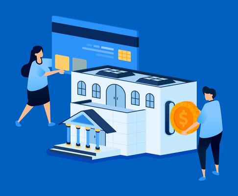 Illustration of a central bank building with people applying for low-interest credit card loans and withdrawing money, designed for banking websites, fintech apps, and loan services